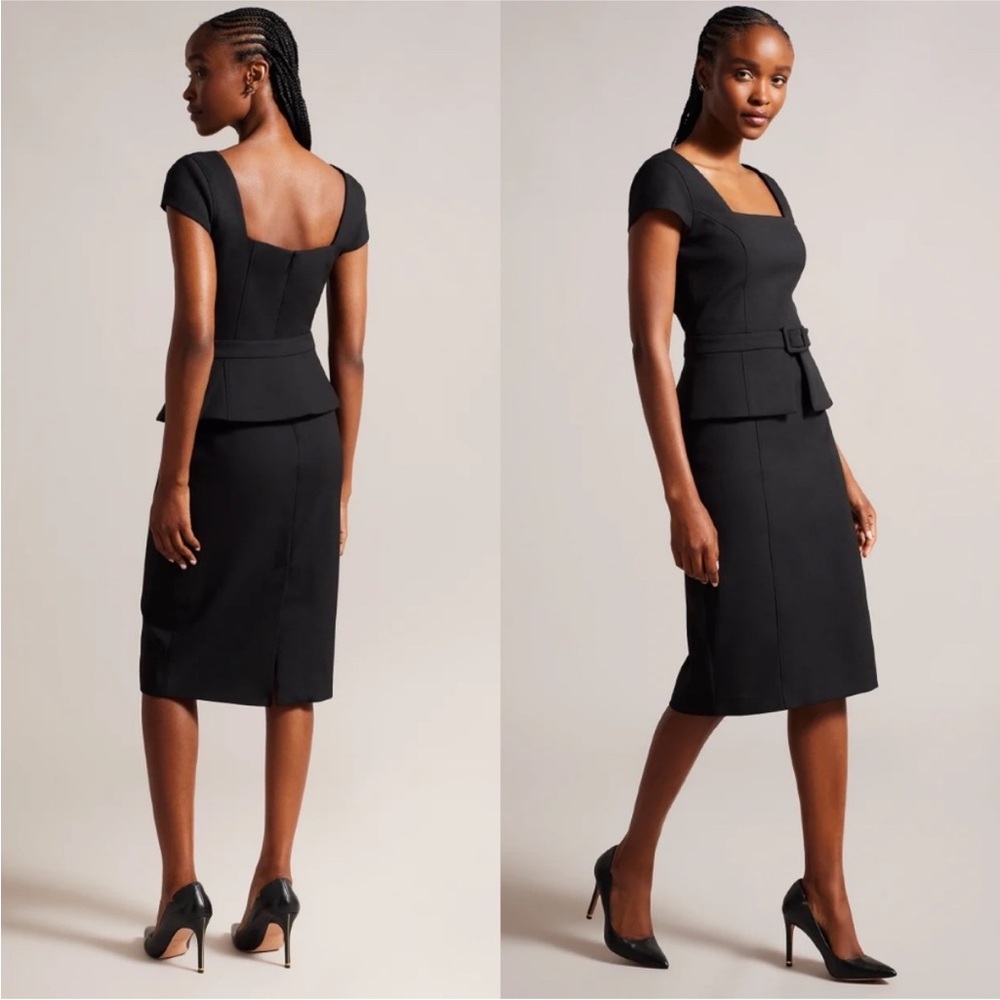 Ted baker fleuurr belted square neck midi shift little black dress, NWT size 3 - Picture 3 of 13